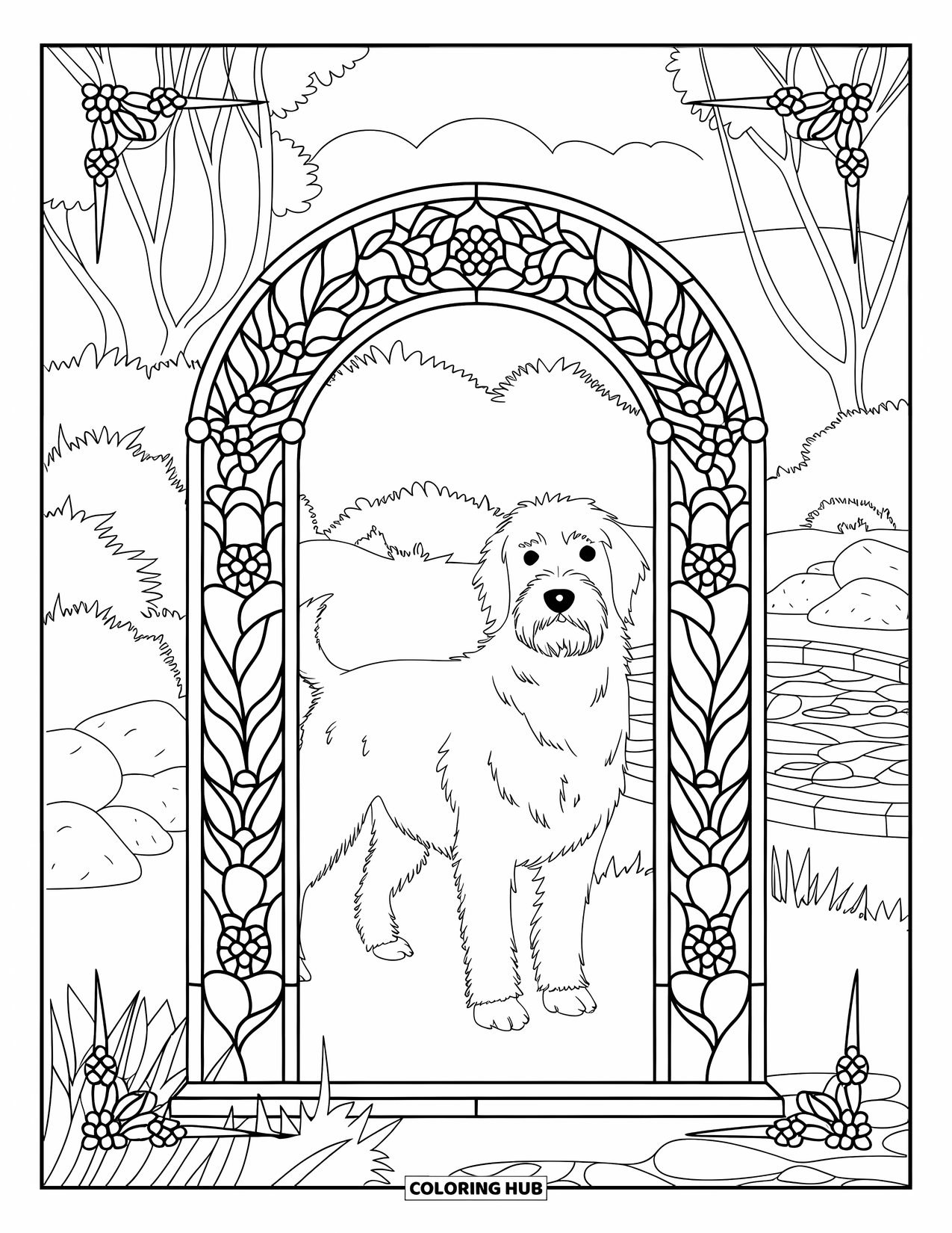Labradoodle Coloring Page for Adults: Labradoodle inside stained glass garden arch with pond and plants