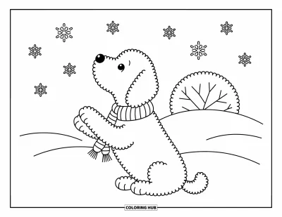 Desen de colorat cu Labradoodle pentru adulți: Labradoodle ridicând lăbile spre fulgii de zăpadă lângă un tufiș acoperit de zăpadă