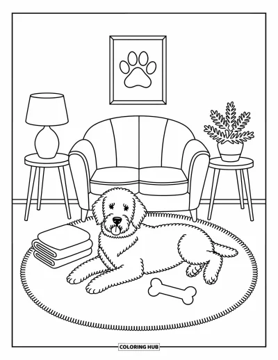 Desen de colorat cu Labradoodle pentru adulți: Labradoodle relaxat pe un covor lângă o canapea cu pătură și jucărie