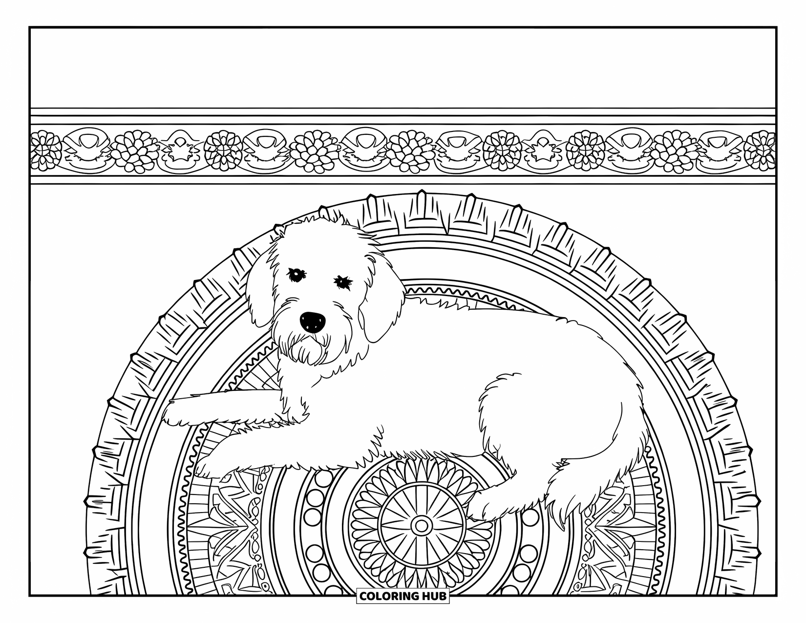 Labradoodle Coloring Page for Adults: Labradoodle lying on patterned rug with intricate designs and border above