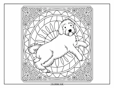 Desen de colorat cu Labradoodle pentru adulți: Labradoodle culcat pe un covor cu motive de triunghiuri, cercuri și bordură de mandală