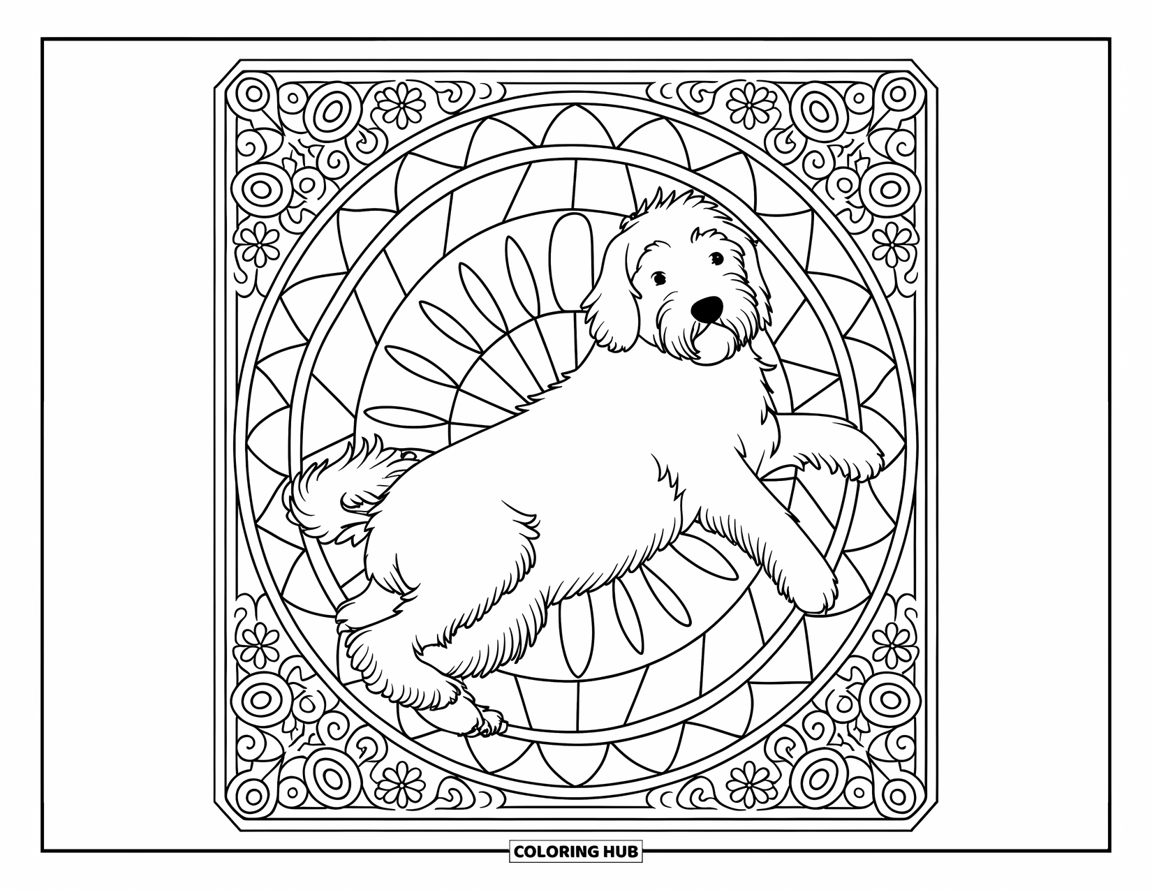 Labradoodle Coloring Page for Adults: Labradoodle lying on patterned rug with triangles, circles, and mandala border
