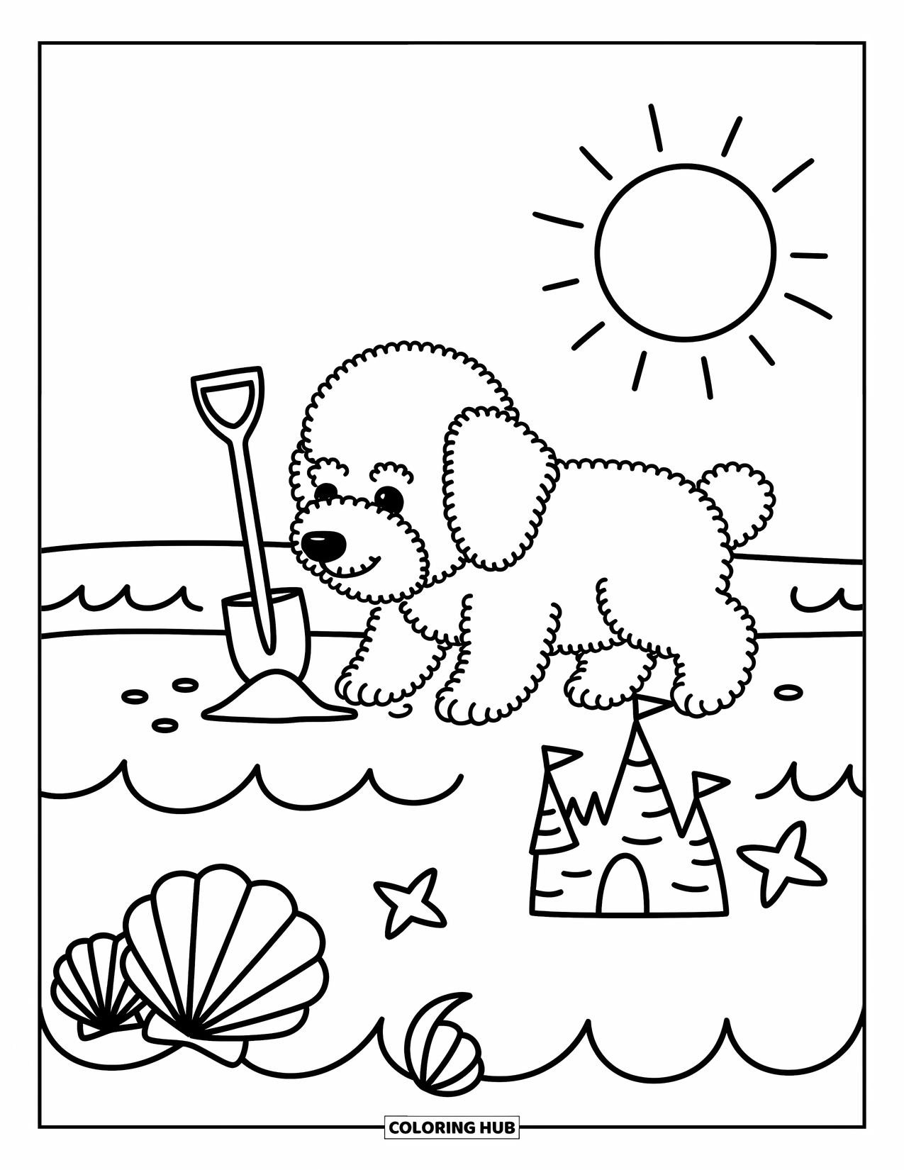 Labradoodle Coloring Page for Adults: Labradoodle near sandcastle and seashells with a sun on the horizon