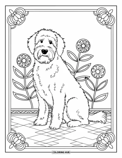 Desen de colorat cu Labradoodle pentru adulți: Labradoodle pe covor decorat, înconjurat de motive florale în vitraliu