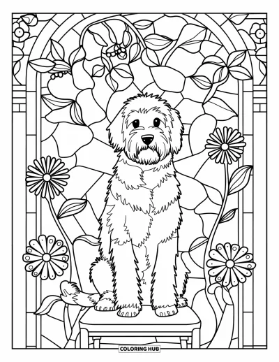 Desen de colorat cu Labradoodle pentru adulți: Labradoodle pe un scaun de lemn cu flori și frunze în vitraliu