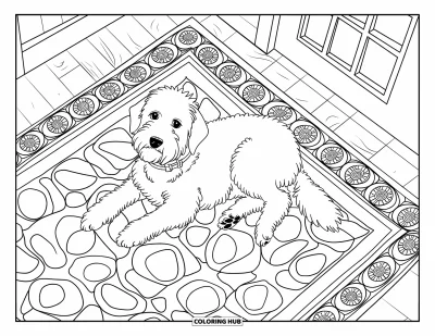 Desen de colorat cu Labradoodle pentru adulți: Labradoodle pe parchet cu bordură de mandală, ușă și fereastră în cameră