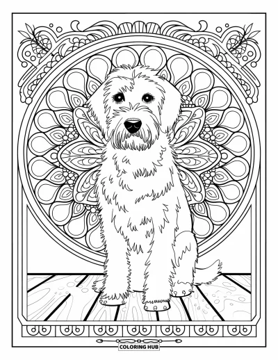 Desen de colorat cu Labradoodle pentru adulți: Labradoodle pe suprafață de lemn cu mandală botanică și bordură decorativă