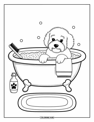 Desen de colorat cu Labradoodle pentru adulți: Labradoodle privind peste marginea căzii, înconjurat de spumă și accesorii de baie
