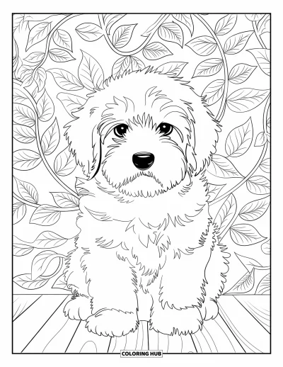 Desen de colorat cu Labradoodle pentru adulți: Pui de Labradoodle pe o suprafață de lemn cu fundal de viță cu frunze