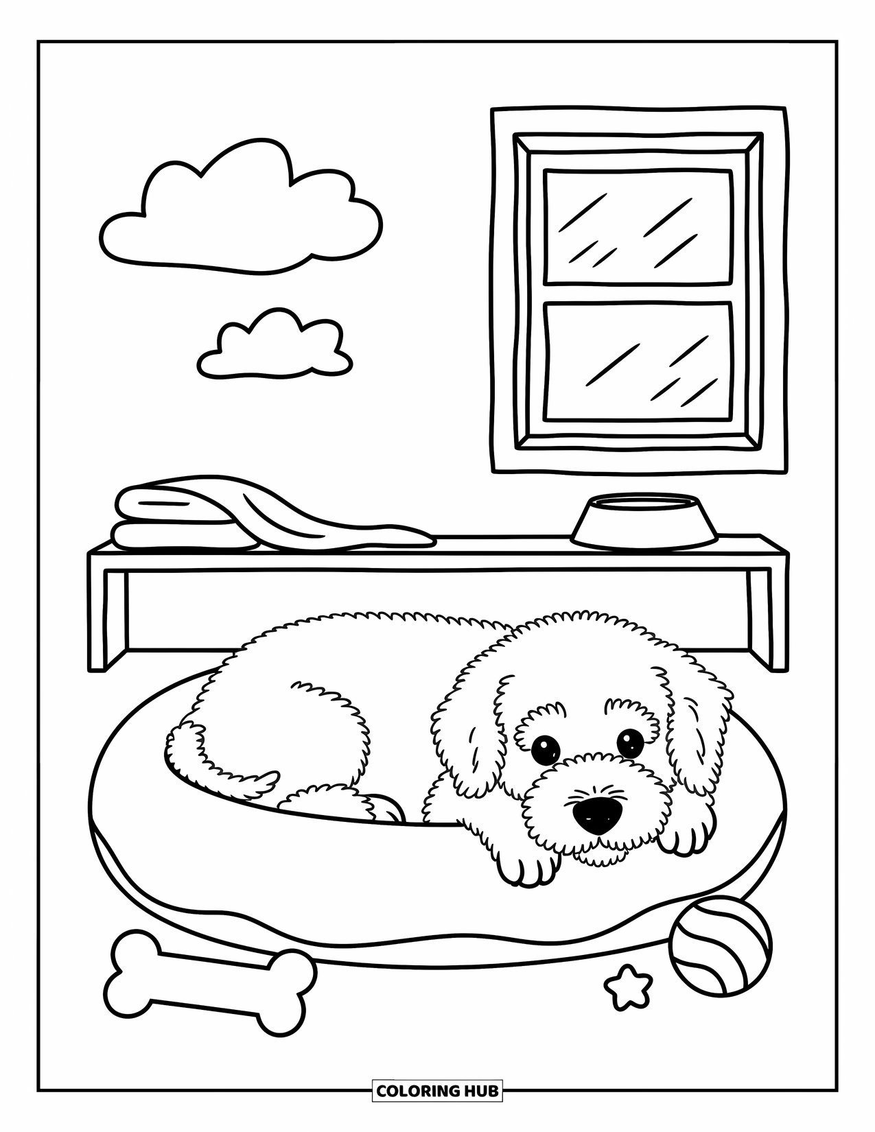 Labradoodle Coloring Page for Adults: Labradoodle resting in a donut bed with shelf and window behind