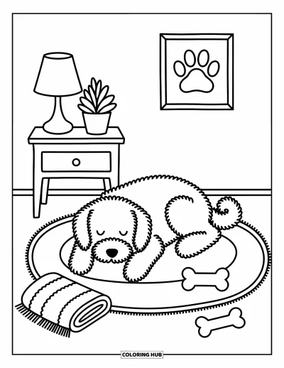 Desen de colorat cu Labradoodle pentru adulți: Labradoodle odihnind pe un covor cu pătură, os și noptieră