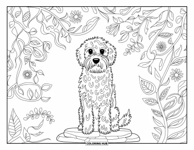 Desen de colorat cu Labradoodle pentru adulți: Labradoodle pe o bază de piatră, decorat cu modele botanice în spirală