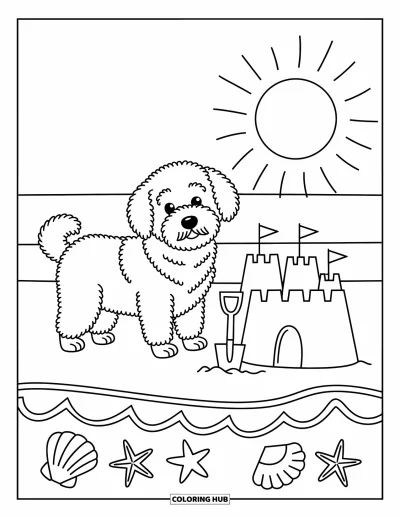 Desen de colorat cu Labradoodle pentru adulți: Labradoodle lângă un morman de nisip cu lopată și castel de nisip