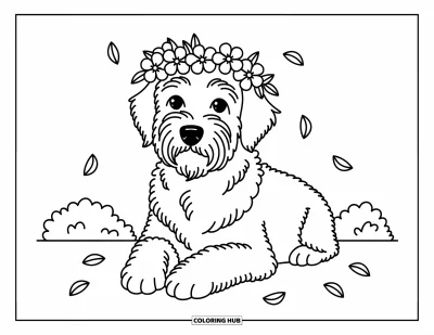 Desen de colorat cu Labradoodle pentru adulți: Labradoodle purtând o coroniță delicată de flori cu petale plutind în jur
