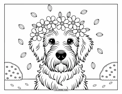 Desen de colorat cu Labradoodle pentru adulți: Labradoodle cu o coroniță de flori și petale plutind în jur