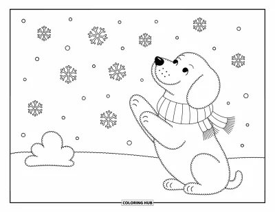Desen de colorat cu Labradoodle pentru adulți: Labradoodle cu fular privind în sus spre fulgii de zăpadă căzând