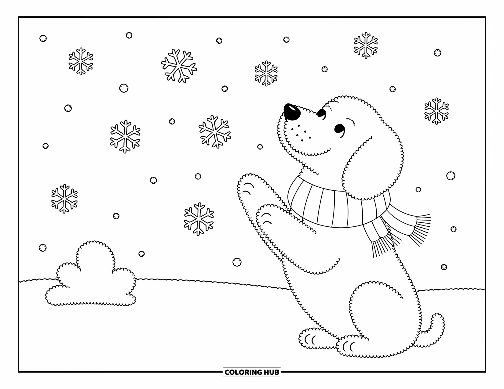 Labradoodle Coloring Page for Adults: Labradoodle with a scarf looking up at falling snowflakes