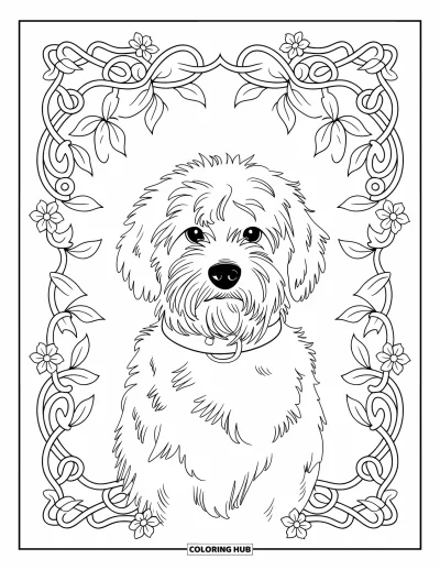 Desen de colorat cu Labradoodle pentru adulți: Labradoodle cu zgardă, încadrat de viță cu frunze și o bordură decorativă