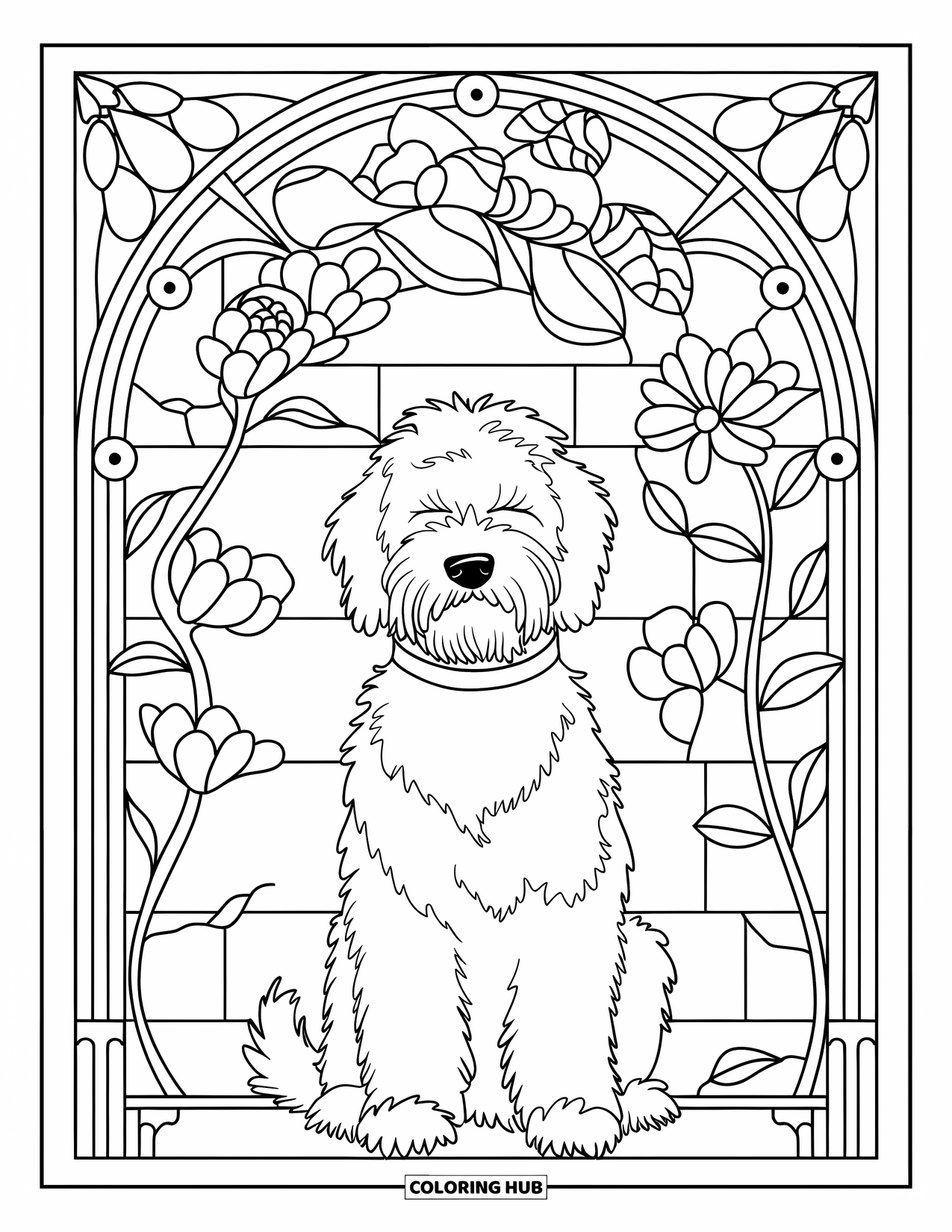 Labradoodle Coloring Page for Adults: Labradoodle with eyes closed surrounded by stained glass floral designs