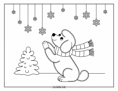 Desen de colorat cu Labradoodle pentru adulți: Labradoodle cu lăbile ridicate adulmecând fulgi de zăpadă căzând, cu un fular