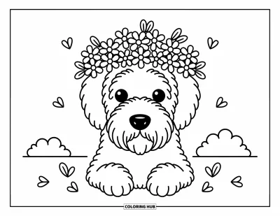 Desen de colorat cu Labradoodle pentru adulți: Labradoodle liniștit cu o coroniță de flori, flancat de doi tufiși