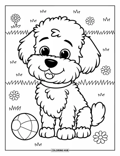 Desen de colorat cu Labradoodle pentru copii: Labradoodle pufos în iarbă cu o minge și flori