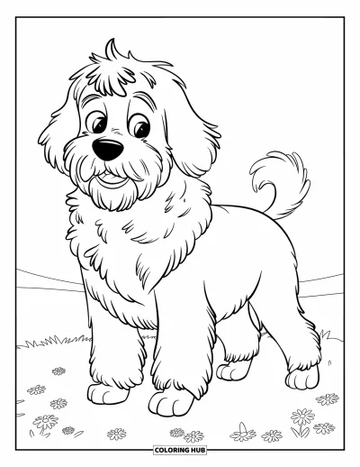 Desen de colorat cu Labradoodle pentru copii: Labradoodle pufos pe iarbă cu flori și cer senin