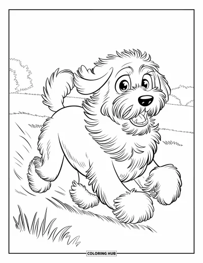 Desen de colorat cu Labradoodle pentru copii: Labradoodle pufos alergând pe un câmp deschis cu câțiva copaci