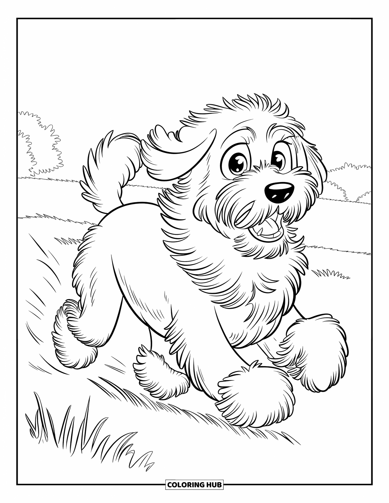 Labradoodle Coloring Page for Kids: Fluffy Labradoodle running in an open field with a few trees