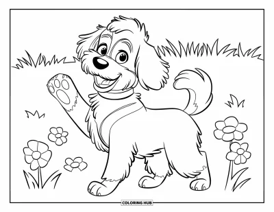 Desen de colorat cu Labradoodle pentru copii: Labradoodle pufos cu laba ridicată printre flori pe un câmp