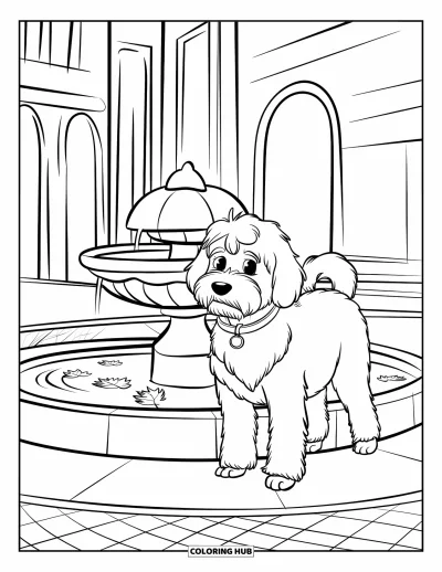 Desen de colorat cu Labradoodle pentru copii: Labradoodle lângă o fântână rotundă cu clădiri înalte în spate