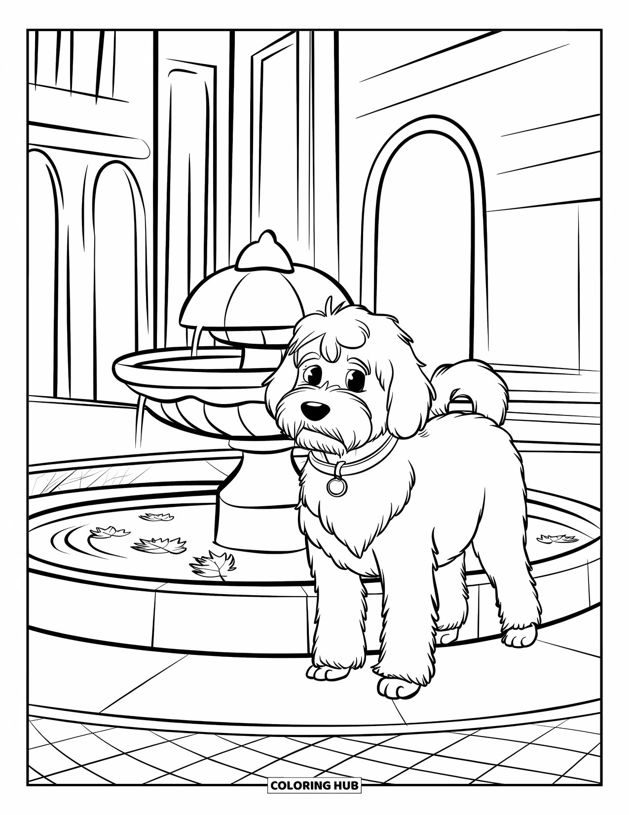 Labradoodle Coloring Page for Kids: Labradoodle beside a round fountain with tall buildings behind
