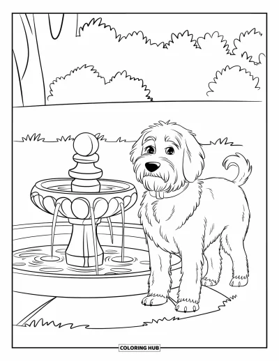 Desen de colorat cu Labradoodle pentru copii: Labradoodle lângă o fântână rotundă pe un câmp cu iarbă