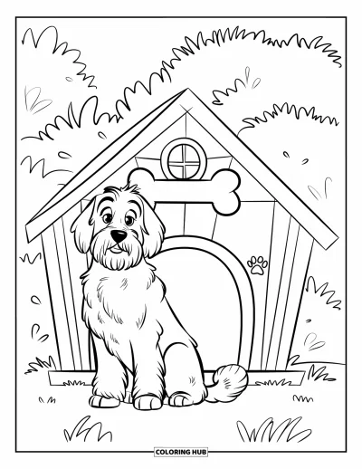 Desen de colorat cu Labradoodle pentru copii: Labradoodle lângă o căsuță pentru câini cu o fereastră și o amprentă de lăbuță