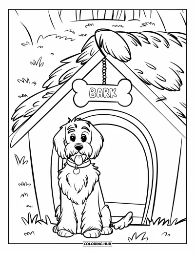 Desen de colorat cu Labradoodle pentru copii: Labradoodle lângă o căsuță pentru câini cu acoperiș de paie și un semn cu "Bark Here"