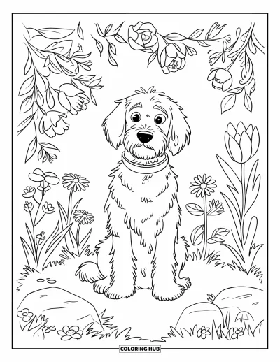 Desen de colorat cu Labradoodle pentru copii: Labradoodle într-o grădină plină de flori cu urechile ciulite
