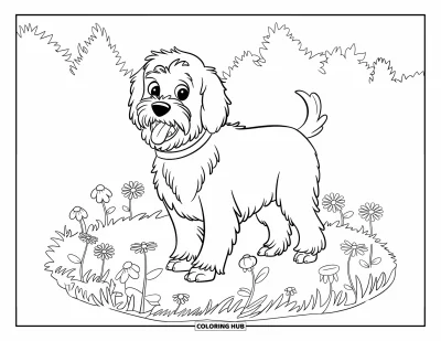 Desen de colorat cu Labradoodle pentru copii: Labradoodle într-o pajiște cu flori și copaci în fundal