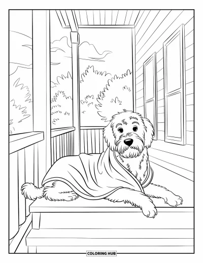 Desen de colorat cu Labradoodle pentru copii: Labradoodle culcat pe o verandă atașată unei case cu ferestre