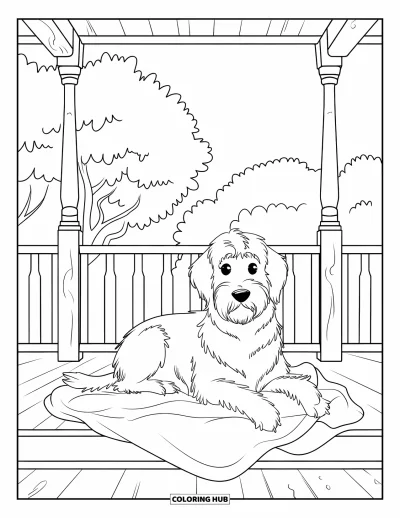 Desen de colorat cu Labradoodle pentru copii: Labradoodle culcat pe o verandă cu o pătură și balustradă