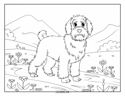 Desen de colorat cu Labradoodle pentru copii: Labradoodle pe o potecă într-o pajiște cu munți în fundal
