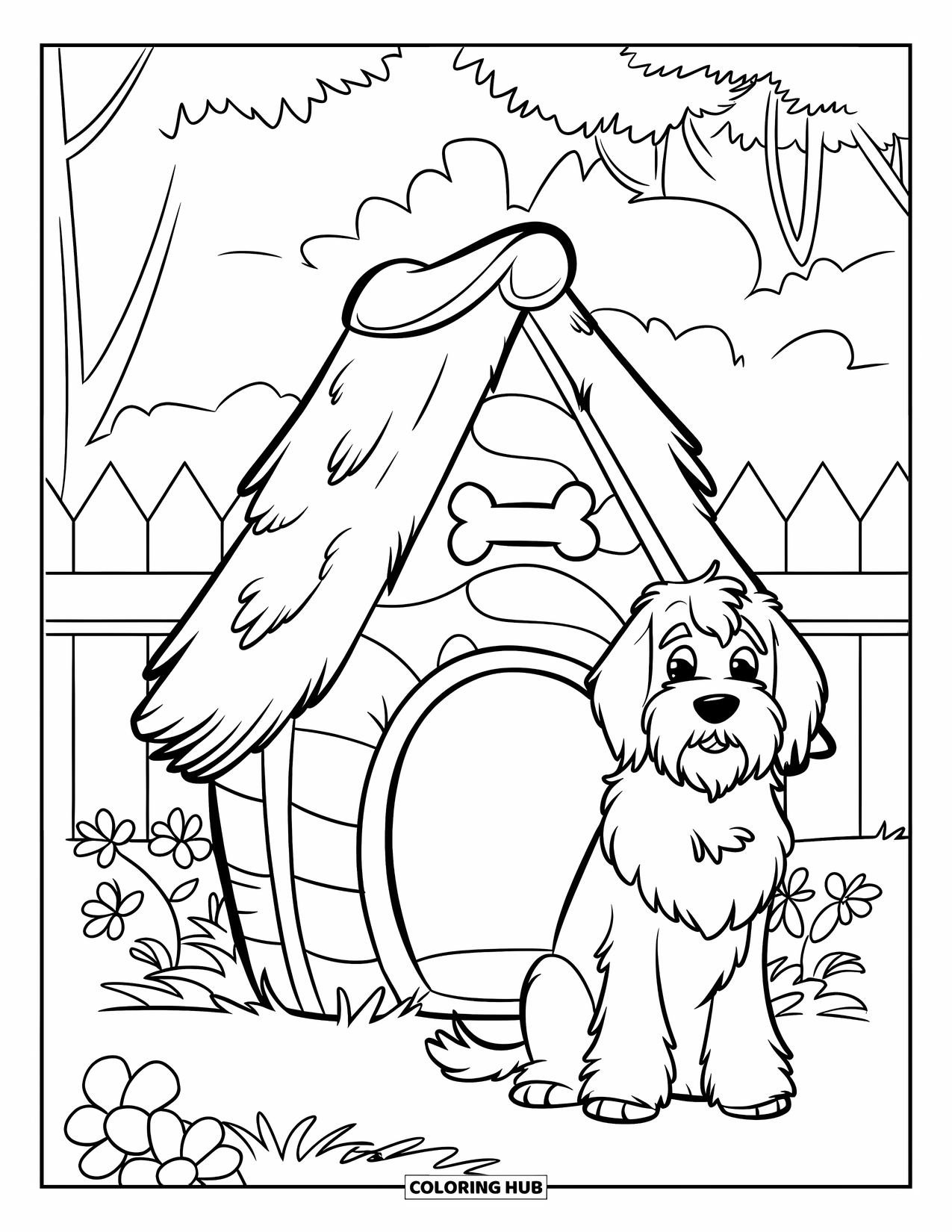 Labradoodle Coloring Page for Kids: Labradoodle sitting beside a dog house with a bone sign