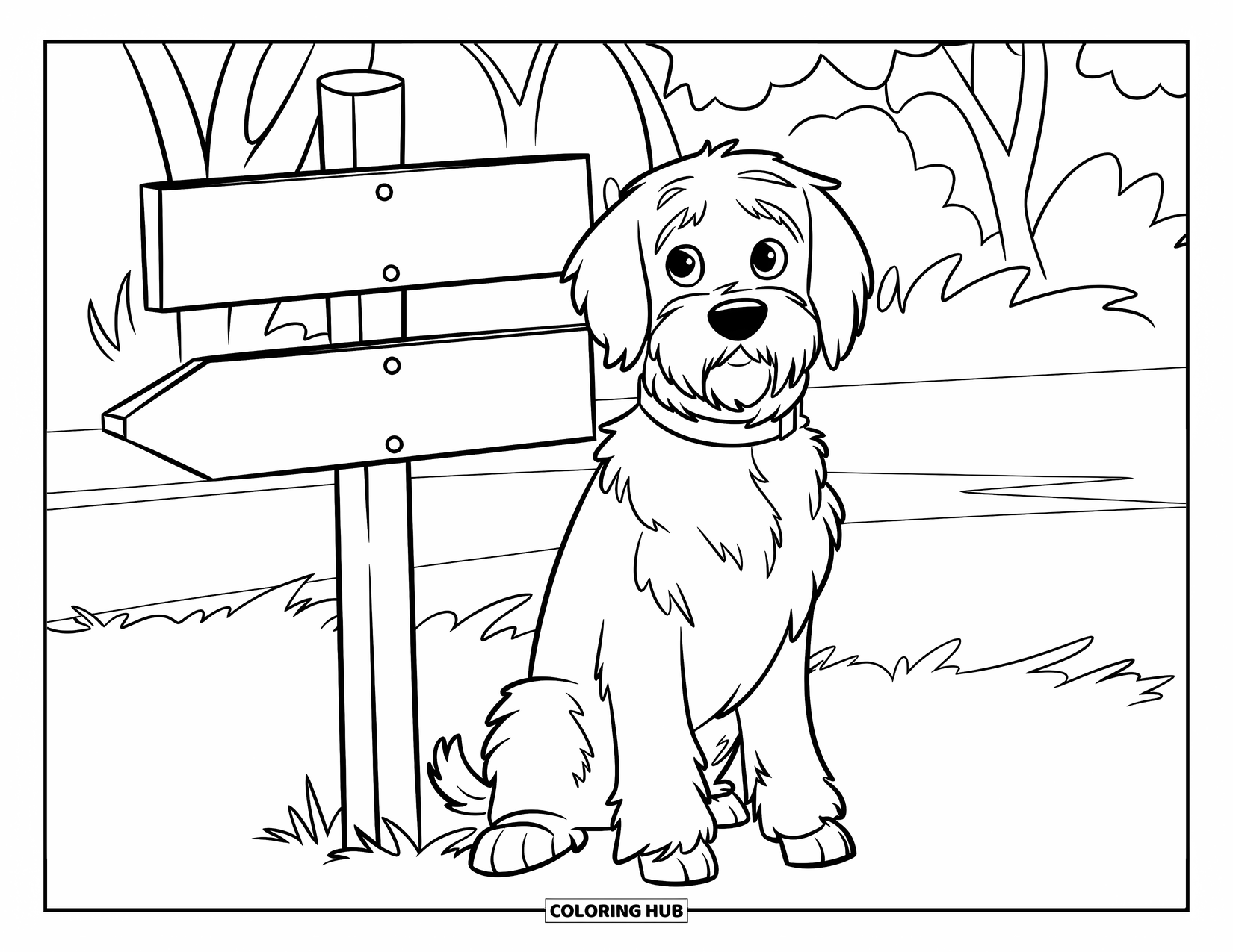 Labradoodle Coloring Page for Kids: Labradoodle sitting beside a wooden signpost in a park