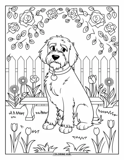 Desen de colorat cu Labradoodle pentru copii: Labradoodle așezat într-o grădină pe o bancă de piatră cu flori