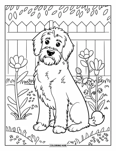 Desen de colorat cu Labradoodle pentru copii: Labradoodle în grădină cu flori lângă un gard alb