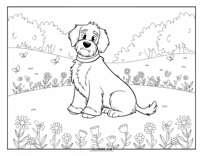 Desen de colorat cu Labradoodle pentru copii: Labradoodle pe o pajiște cu flori, fluturi și albine