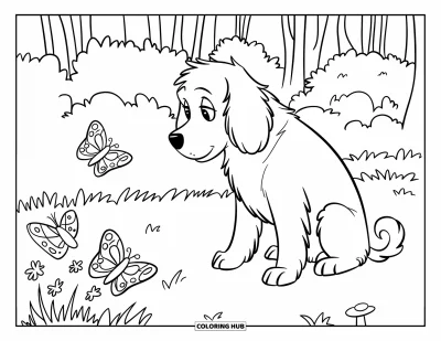 Desen de colorat cu Labradoodle pentru copii: Labradoodle în iarbă înconjurat de fluturi și flori
