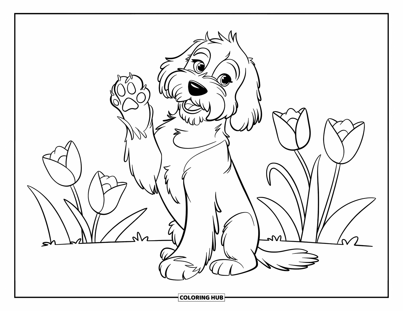 Labradoodle Coloring Page for Kids: Labradoodle sitting with raised paw and tulips behind
