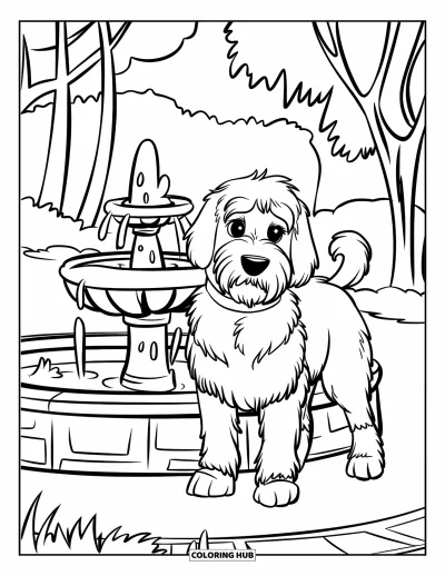 Desen de colorat cu Labradoodle pentru copii: Labradoodle stând lângă o mică fântână de piatră într-un parc