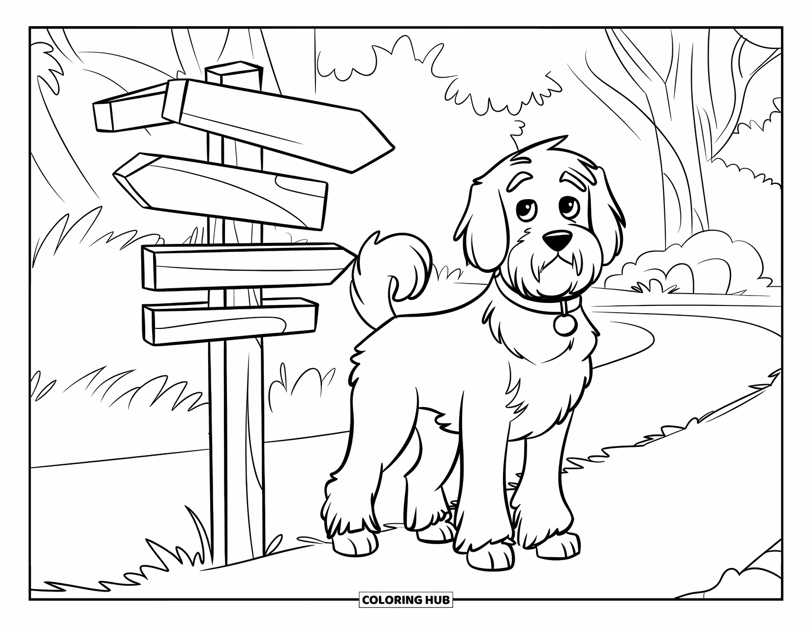 Labradoodle Coloring Page for Kids: Labradoodle standing beside a wooden signpost on a park path