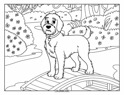 Desen de colorat cu Labradoodle pentru copii: Labradoodle pe un pod de grădină cu plante în jur